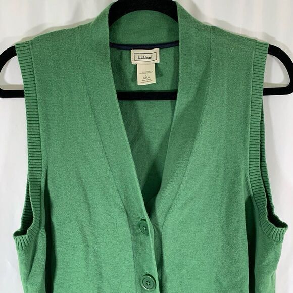 LL Bean Vest Women's Large Green Button Front Pockets Vneck 100% Cotton - Picture 3 of 6